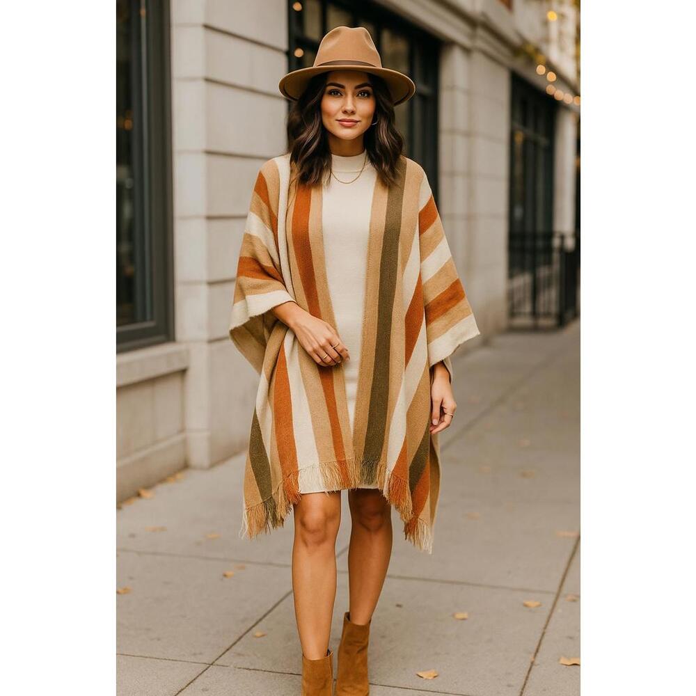 Cozy Striped Women's Poncho with Fringe Detail